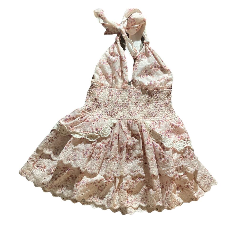 Pants Store Est. 1958 Smocked Rose Picnic Floral Mini Halter Dress Women’s M